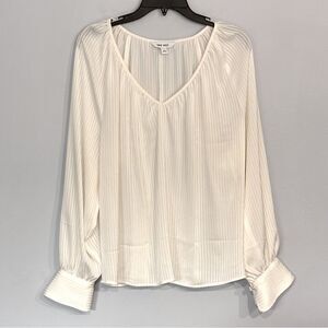 Nine West Women’s White Double Stripe Sheer V neck Blouse Single Button Cuffs L